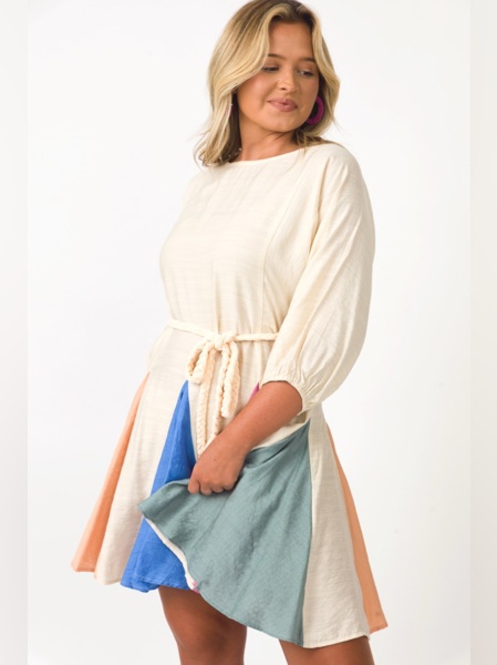 ODDI Rainbow Colorblock Panel Belted Swing Mini Dress - Picture 4 of 11